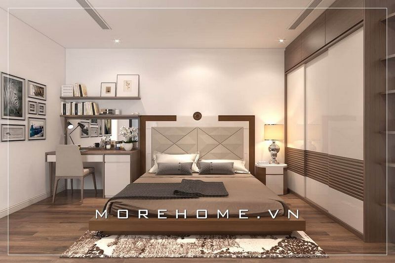 Giường ngủ gỗ công nghiệp được thiết kế theo kiểu dáng thấp giúp phần cơi nới cho không gian phòng ngủ chung cư thêm rộng thoáng hơn